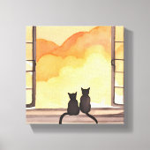 Katten in het raam | Sunset Waterverf Silhouette Canvas Afdruk (Voorkant)