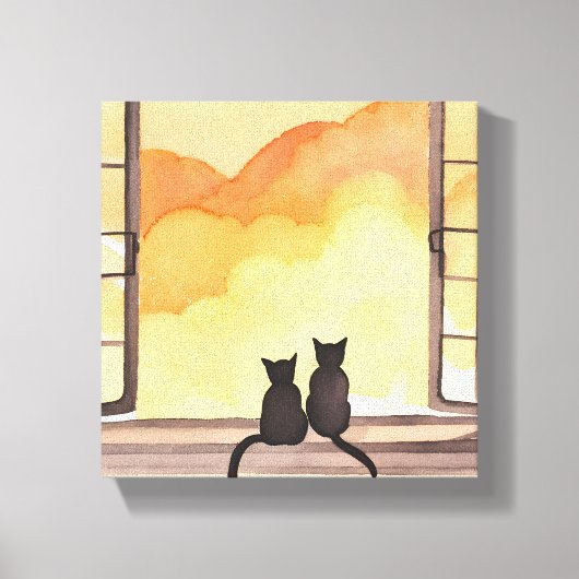 Katten in het raam | Sunset Waterverf Silhouette Canvas Afdruk (Voorkant)