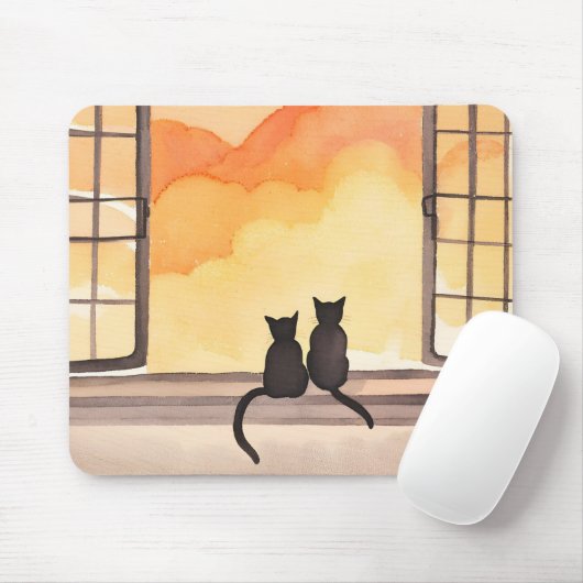 Katten in het raam | Sunset Waterverf Silhouette Muismat (Met muis)