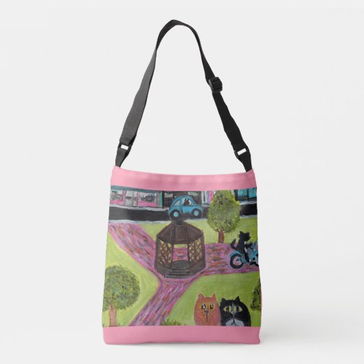 Katten in het stadspark Folk Art Fun Painting Crossbody Tas (Achterkant)