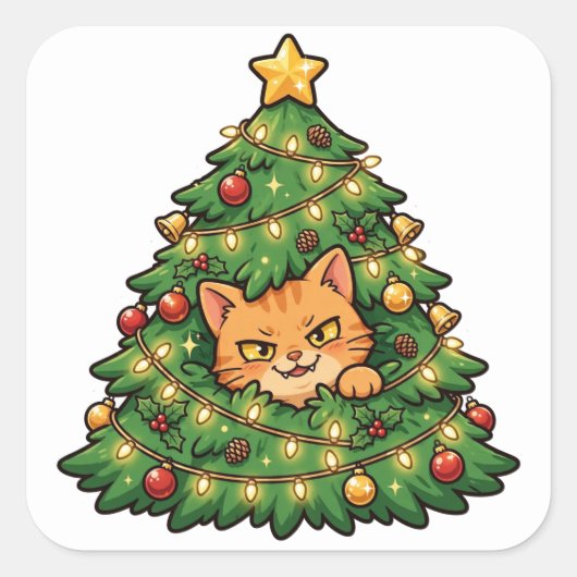Katten in Kerstboom Grappige Sticker (Voorkant)