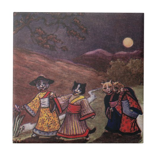 Katten in Kimonos halen de late nachtrol Tegeltje (Voorkant)