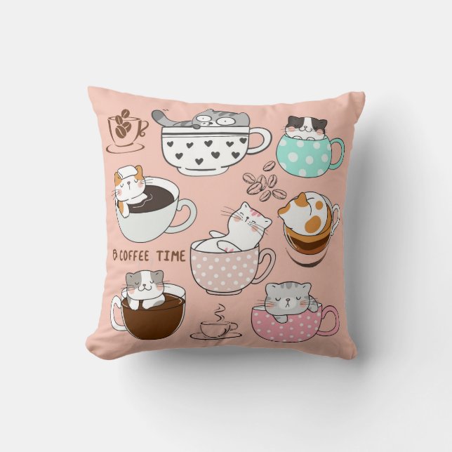 Katten in koffiekopjes kussen (Voorkant)