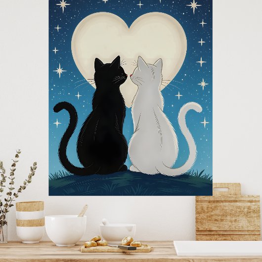 Katten in liefde onder de maan poster (Keuken)