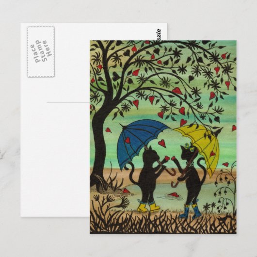 Katten in Love, een regendouche van harten postkaa Briefkaart (Voorkant / Achterkant)