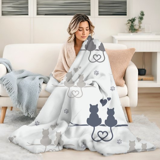 Katten in Love Modern Animal Silhouette Pattern Fleece Deken