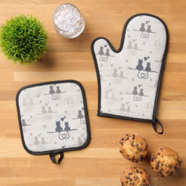 Katten in Love Modern Animal Silhouette Pattern Ovenwant & Pannenlap Set