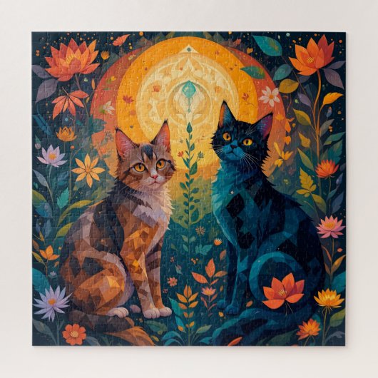 Katten in natuurtafereel met geometrische elemente legpuzzel (Verticaal)