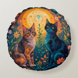 Katten in natuurtafereel met geometrische elemente rond kussen