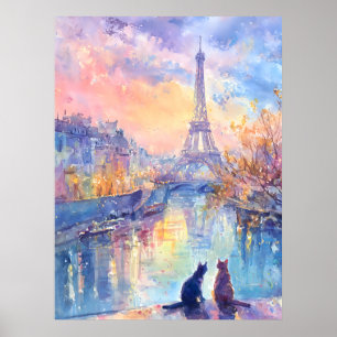 Katten in Parijs Schemering – Watercolor Romantiek Poster