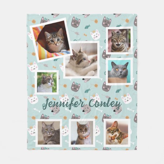 Katten in Petten Blauw Fotocollage Modern Whimsica Fleece Deken (Voorkant)