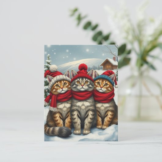 Katten in Preppy winterkleding en Petten Feestdagenkaart (Staand voorkant)
