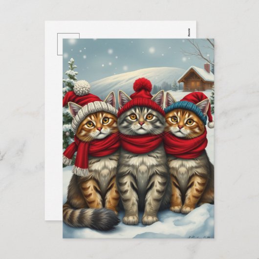 Katten in Preppy winterkleding en Petten Feestdagenkaart (Voorkant / Achterkant)