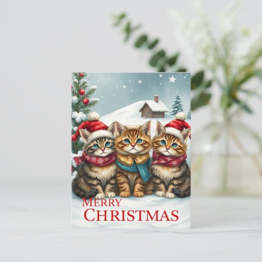Katten in Preppy Winterkleding en Petten Kerst Feestdagenkaart (Staand voorkant)