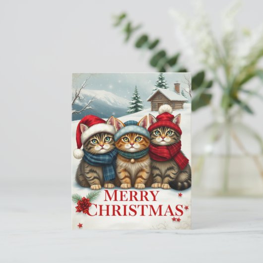 Katten in Preppy Winterkleding en Petten Kerst Feestdagenkaart (Staand voorkant)