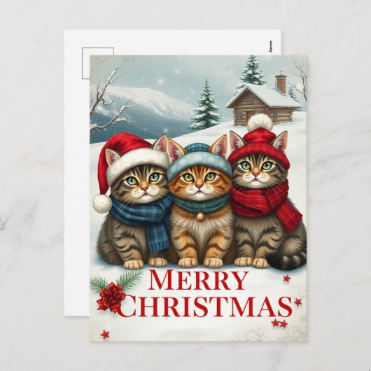 Katten in Preppy Winterkleding en Petten Kerst Feestdagenkaart (Voorkant / Achterkant)