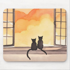 Katten in raam | Zonsondergang Aquarel Silhouet Muismat
