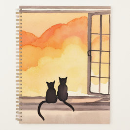 Katten in raam | Zonsondergang Aquarel Silhouet Planner