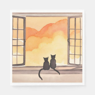 Katten in raam Zonsondergang Aquarel Silhouet Servet