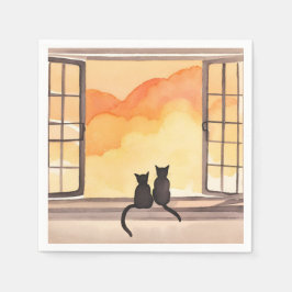 Katten in raam | Zonsondergang Aquarel Silhouet Servet
