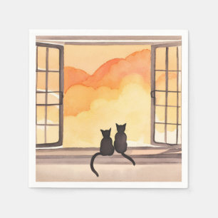 Katten in raam Zonsondergang Aquarel Silhouet Servet