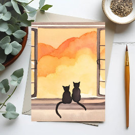 Katten in raam | Zonsondergang Waterverf Silhouet Briefkaart