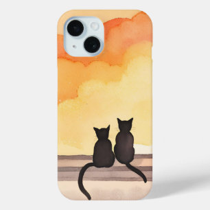 Katten in raam   Zonsondergang Waterverf Silhouet iPhone 15 Case