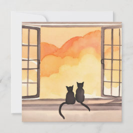 Katten in raam | Zonsondergang Waterverf Silhouet Kaart