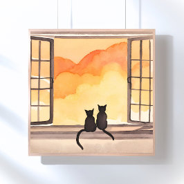 Katten in raam | Zonsondergang waterverf Silhouet Poster