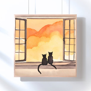 Katten in raam   Zonsondergang waterverf Silhouet Poster