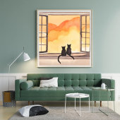 Katten in raam | Zonsondergang waterverf Silhouet Poster
