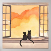 Katten in raam | Zonsondergang waterverf Silhouet Poster (Voorkant)