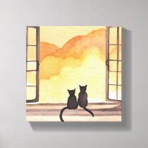 Katten in raam | Zonsondergang waterverf Silhouett