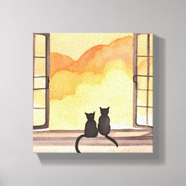 Katten in raam | Zonsondergang waterverf Silhouett Canvas Afdruk