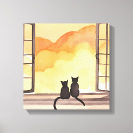 Katten in raam | Zonsondergang waterverf Silhouett Canvas Afdruk