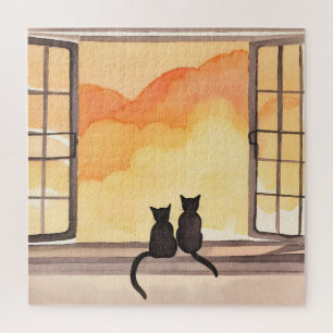 Katten in raam Zonsondergang waterverf Silhouett Legpuzzel