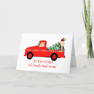 Katten in Red Truck Green-kerstboom Feestdagen Kaart