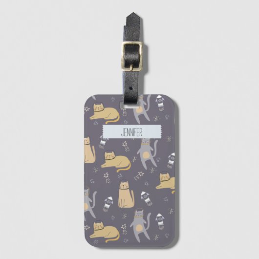 Katten in ruimte naadloos patroon Aangepaste naam Bagagelabel (Voorkant (verticaal))