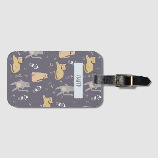 Katten in ruimte naadloos patroon Aangepaste naam Bagagelabel (Voorkant (horizontaal))