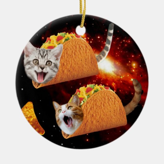 Katten in ruimte-taco's keramisch ornament (Voorkant)