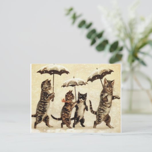 Katten in sneeuw met paraplu's briefkaart (Staand voorkant)