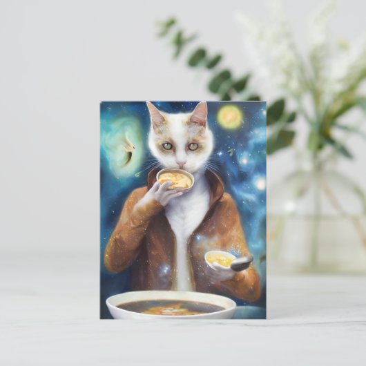 Katten in springpak die soep eten AI genereerde ku Briefkaart (Staand voorkant)
