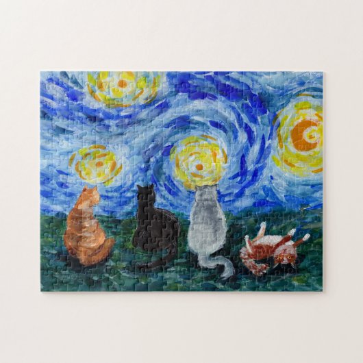 Katten in Stary Night Geïnspireerd Waterverf Schil Legpuzzel (Horizontaal)