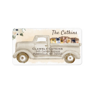 Katten in vrachtwagen met dozen, het Etiket van he