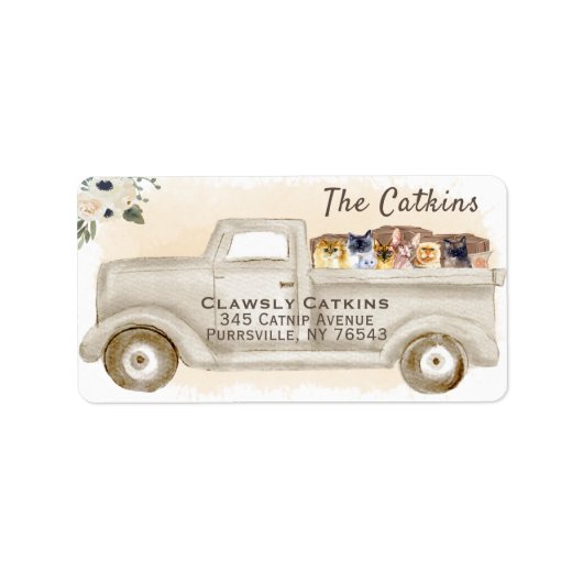 Katten in vrachtwagen met dozen, het Etiket van he (Voorkant)