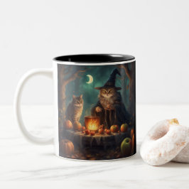 Katten kamperen in het bos op Halloween Tweekleurige Koffiemok