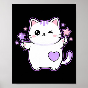 Katten Kawaii Knipogende Kat Magische Sterrenstaf, Poster