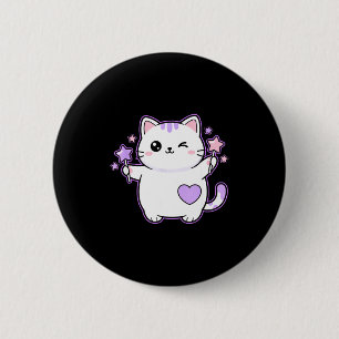 Katten Kawaii Knipogende Kat Magische Sterrenstaf, Ronde Button 5,7 Cm