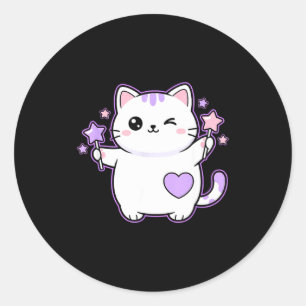Katten Kawaii Knipogende Kat Magische Sterrenstaf, Ronde Sticker