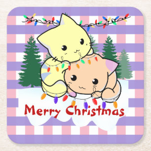 Katten kerst op sneeuw, gepersonaliseerde naam kartonnen onderzetters